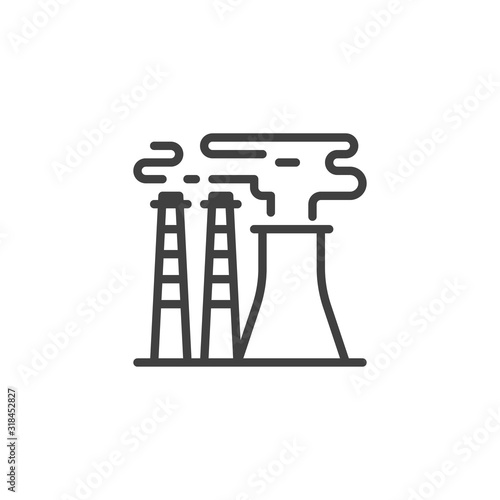 Industrial chimney pollution line icon. linear style sign for mobile concept and web design. Power plant chimneys with smoke outline vector icon. Symbol, logo illustration. Vector graphics