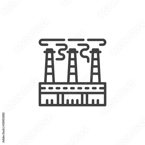Power plant chimneys with smoke line icon. linear style sign for mobile concept and web design. Industrial chimney pollution outline vector icon. Symbol, logo illustration. Vector graphics