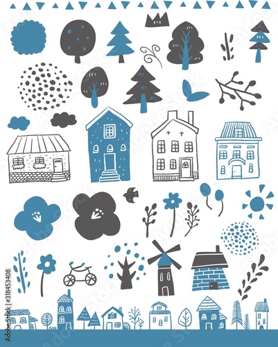 街並み おしゃれ 線画 イラスト ベクター 素材