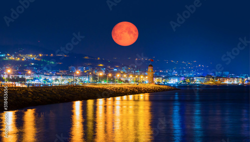 Photography Lighthouse in the port of Alanya with full moon at twilight blue hour - Alanya,