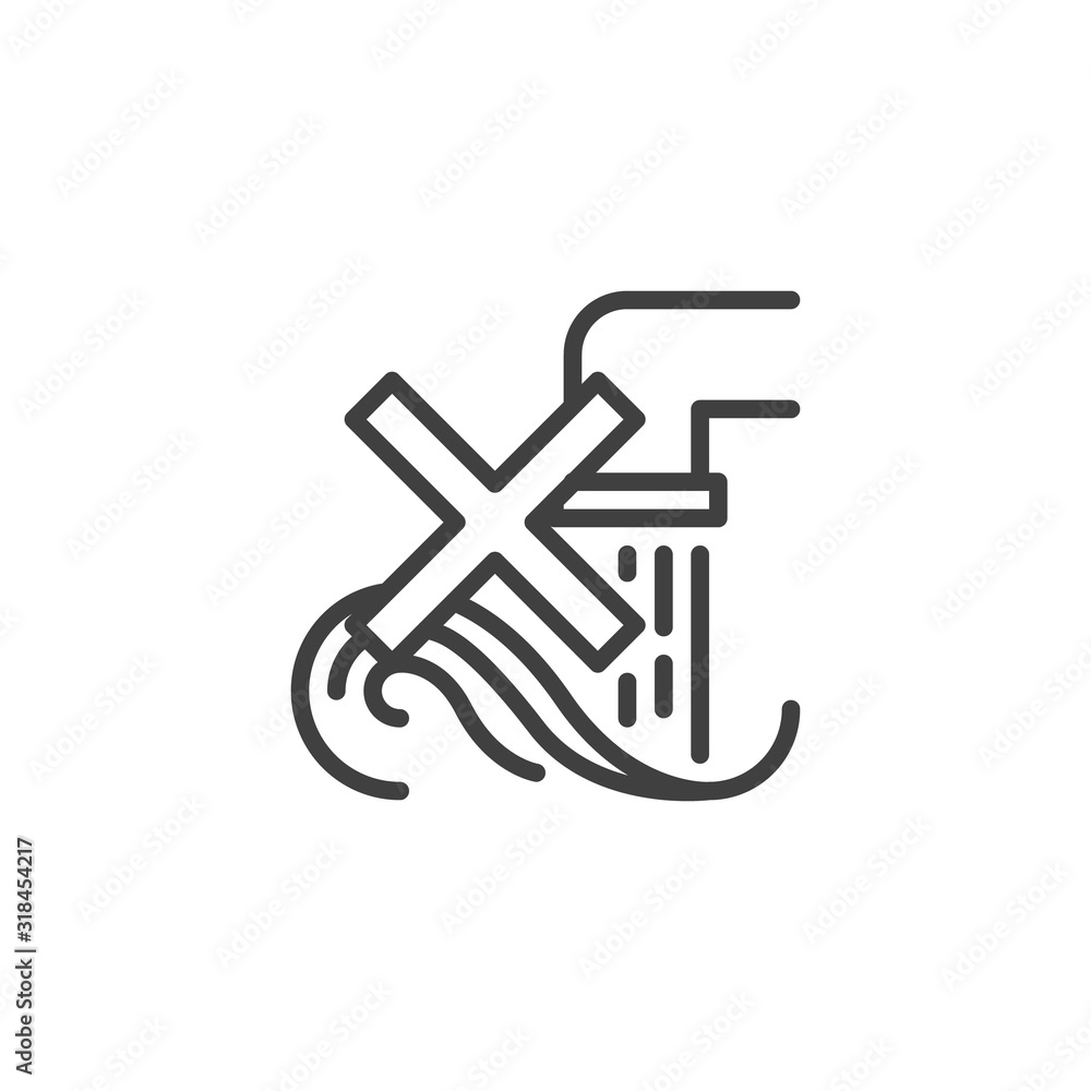 No Water pollution prohibition line icon. linear style sign for mobile concept and web design. Drainage pipe with dirty waste outline vector icon. Symbol, logo illustration. Vector graphics No Water pollution prohibition line icon. linear style sign for mobile concept and web design. Drainage pipe with dirty waste outline vector icon. Symbol, logo illustration. Vector graphics