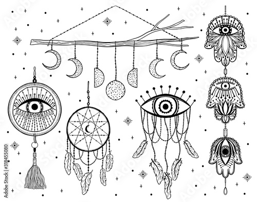 Mystic dream Catcher.Hand draw vintage line style.Boho ethnic amulet.