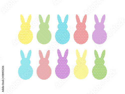 Decorative color bunnies with pattern isolated on white background. Set of easter silhouettes for design of card, banner, logo, flayer, label, icon, badge, sticker. Vector illustration EPS10.