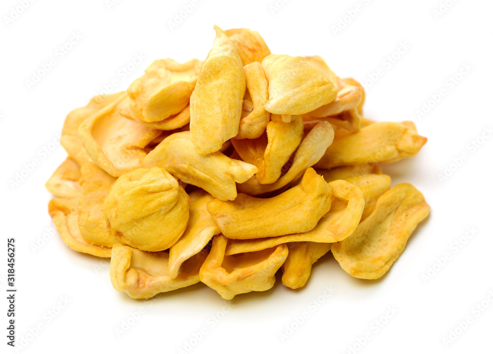 Close up of a pile of dried jackfruit chips isolated on white background Close up of a pile of dried jackfruit chips isolated on white background