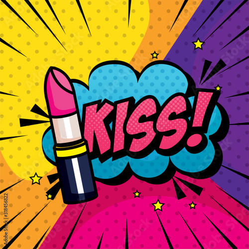 lipstick and cloud with kiss lettering pop art style design
