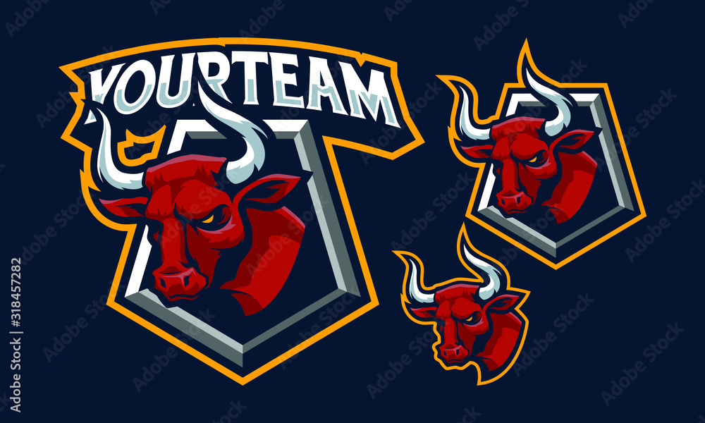 Bull mascot logo design for sport/ e-sport logo with shield isolated on navy blue background Bull mascot logo design for sport/ e-sport logo with shield isolated on navy blue background