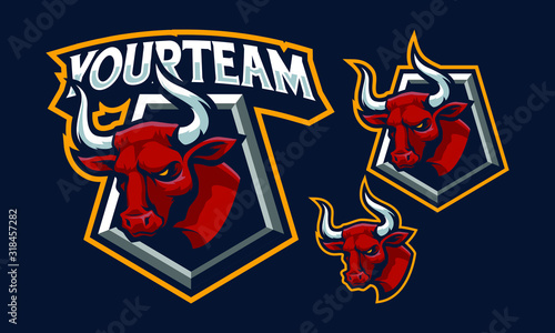 Bull mascot logo design for sport/ e-sport logo with shield isolated on navy blue background