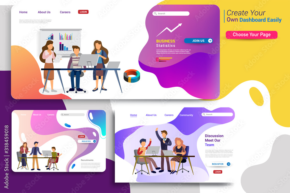 Set of landing page design templates, business strategy, analytics and brainstorming. Modern vector illustration concepts for website design ui/ux and mobile website development, business presentation