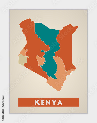 Kenya poster. Map of the country with colorful regions. Shape of Kenya with country name. Amazing vector illustration.
