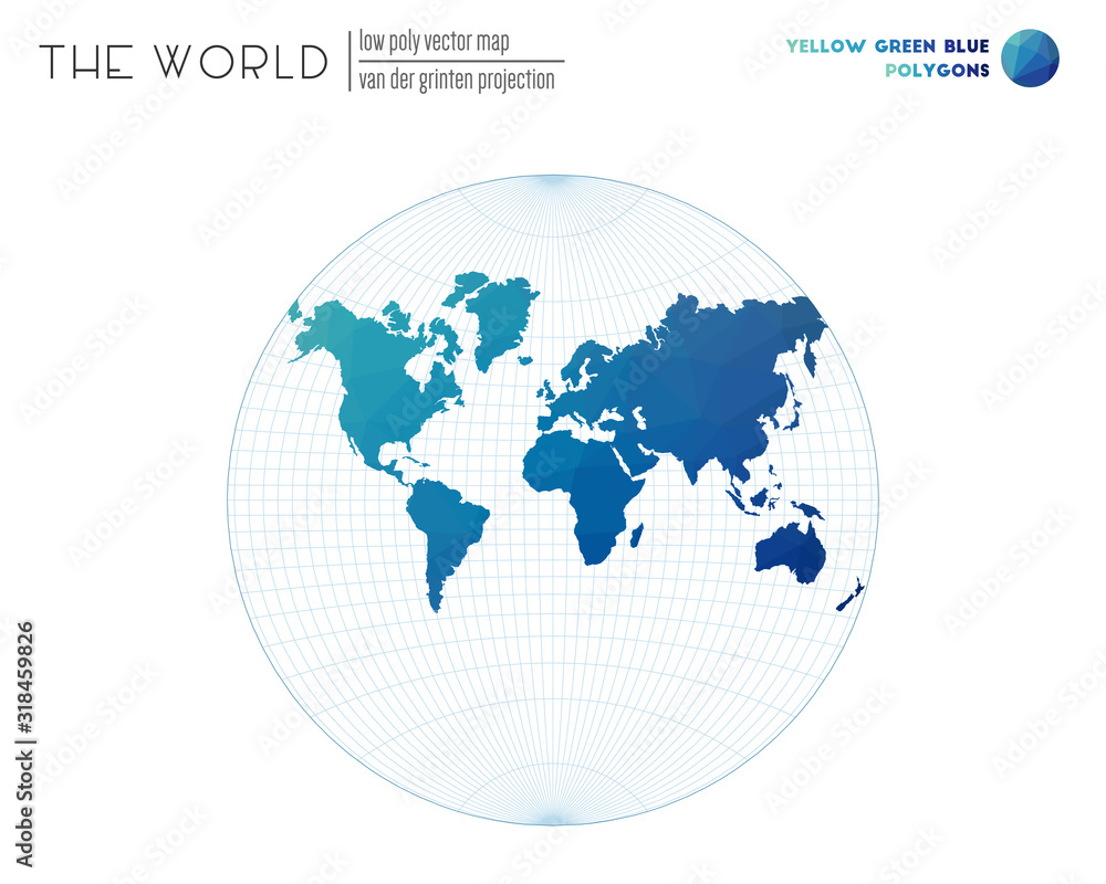 Triangular mesh of the world. Van der Grinten projection of the world. Yellow, Green, and Blue colored polygons. Awesome vector illustration. Triangular mesh of the world. Van der Grinten projection of the world. Yellow, Green, and Blue colored polygons. Awesome vector illustration.