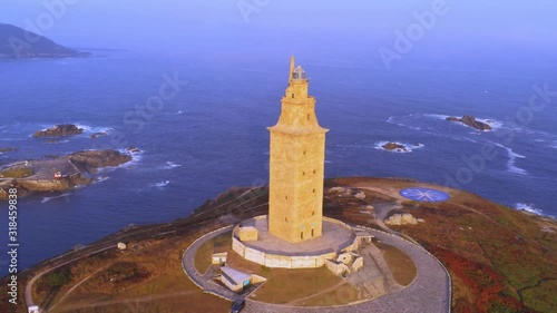Oldest operating lighthouse in the world. Torre de Hercules  in  A Coruna, Galicia. UNESCO World Heritage Site. Aerial Video
