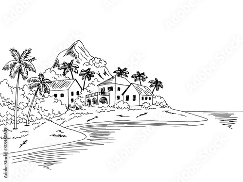 Village sea graphic black white bay landscape sketch illustration vector