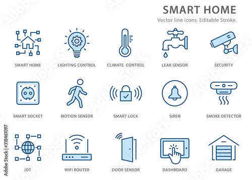 Smart home flat line icon set. Vector illustration. Editable stroke.