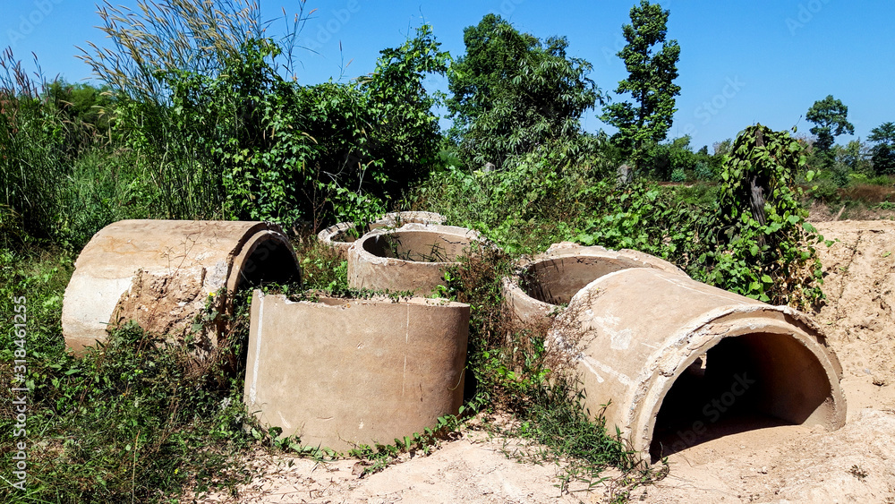 Old concrete drains were laid in the forest. Old concrete drains were laid in the forest.