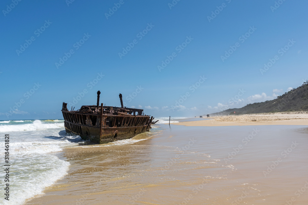 Shipwreck of SS Maheno, an ocean liner from New Zealand which ran aground on Seventy-Five Mile Beach on Fraser Island, Queensland, Australia during a cyclone in 1935 and is now a popular attraction. 