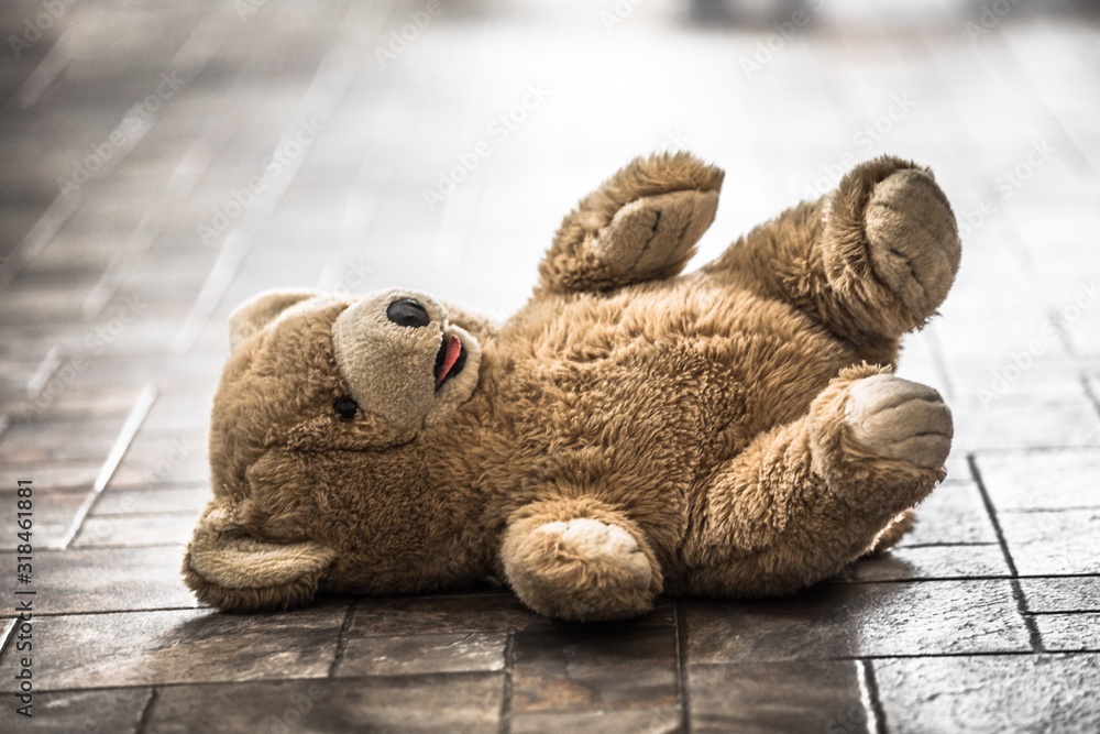 Close-Up Of Teddy Bear On Floor - obrazy, fototapety, plakaty 