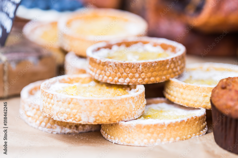 Street food market concept - Tartlets with cream