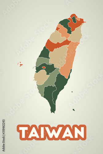 Taiwan poster in retro style. Map of the country with regions in autumn color palette. Shape of Taiwan with country name. Amazing vector illustration.