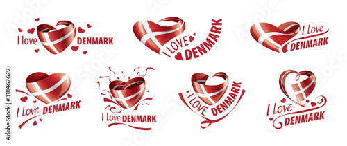 National flag of the Denmark in the shape of a heart and the inscription I love Denmark. Vector illustration