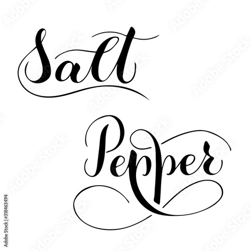 Vector hand written salt and pepper text isolated on white background. Kitchen healthy spices for cooking. Script brushpen lettering with flourishes. Handwriting for banner, poster, product label