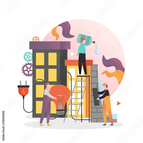 Hydroelectric power, dam energy production, vector illustration