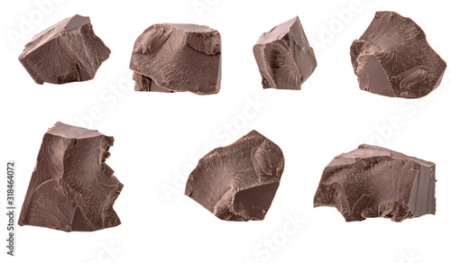 Dark chocolate pieces isolated on white background. Set of details for food design
