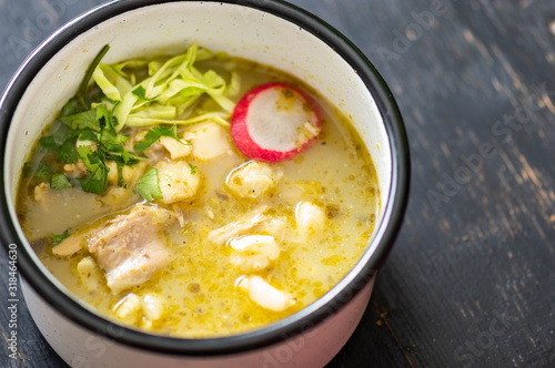 Green Pozole, traditional Mexican cuisine, hominy stew