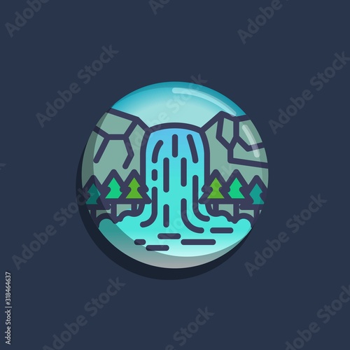 Forest waterfall over rocky cliff flat icon. Round colorful button, Waterfall mountain scene circular vector sign. Flat style design