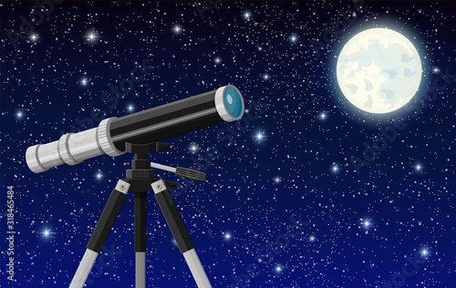 Observation through spyglass. Nature landscape with telescope, moon and stars. Astronomy, research, observe and education. Vector illustration in flat style
