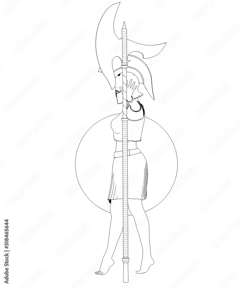 warrior woman character, 3D illustration, sketch, outline