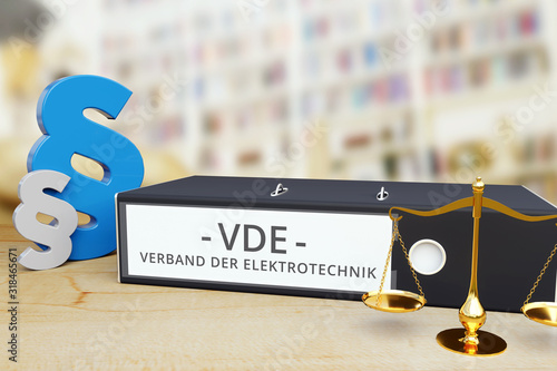 VDE (Verband der Elektrotechnik) – Ordner mit Beschriftung, Paragraf und Waage – Recht, Gesetz, Anwalt photo
