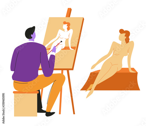 Artist or painter and naked female model, canvas on easel