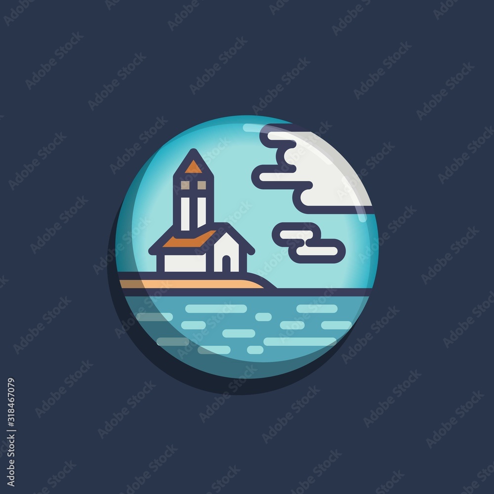 Chapel hill by the sea flat icon. Round colorful button, Chapel and sea circular vector sign. Flat style design