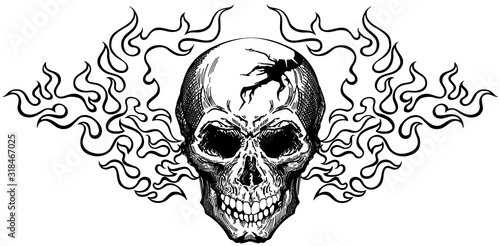 burning human skull in the tongues of fire. Front view tattoo. Black and white isolated vector illustration