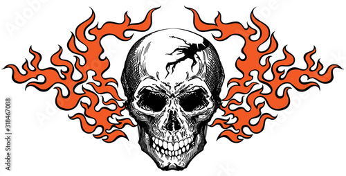 burning human skull in the tongues of fire. Front view tattoo. Isolated vector illustration