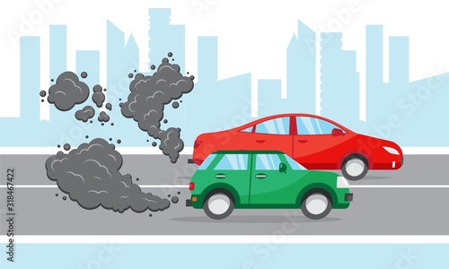 City smog, car air pollution. Сarbon dioxide clouds from automobiles. 
