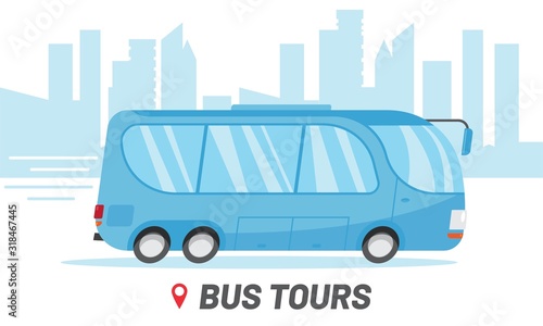 Bus tours travel company template. Riding bus in city vector illustration