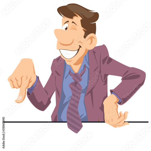 Cartoon scheming businessman points finger. Funny people.