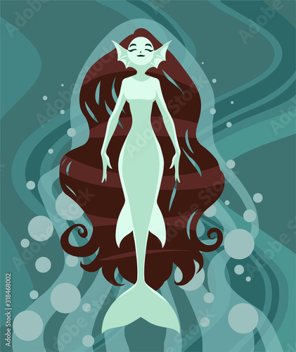 Fantasy graphic illustration of a cute and beautiful cartoon slim mermaid swimming up in the ocean