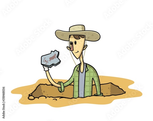 Treasure hunter with an artefact in his hand. Young archaeologist stranding in excavation pit with his finding. Flat vector illustration, isolated on white background.