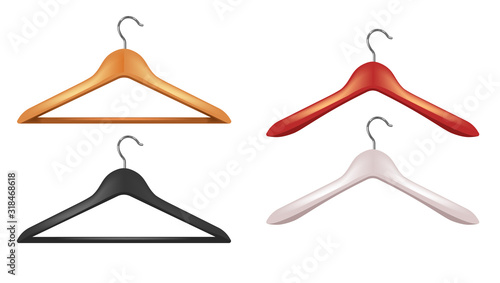 Wooden clothes hangers set with metal hooks in different colors