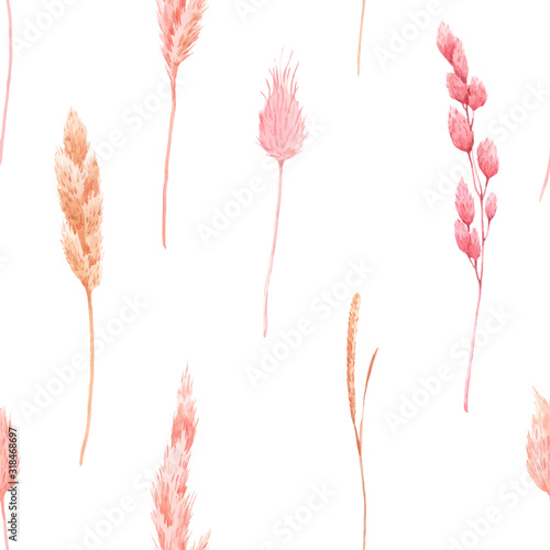 Beautiful vector seamless pattern with watercolor herbarium wild dried grass in pink and yellow colors. Stock illustration. © zenina