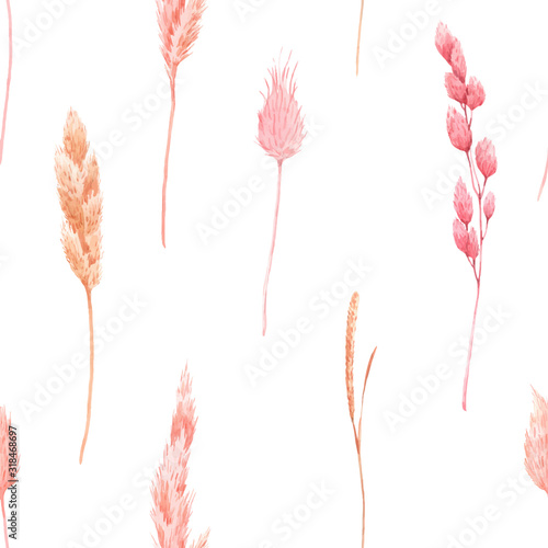 Beautiful vector seamless pattern with watercolor herbarium wild dried grass in pink and yellow colors. Stock illustration.