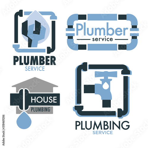 House plumbing service logo set with pipes and water droplet