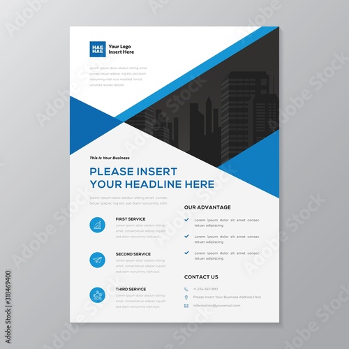 A4 modern elegant business template flayer poster pamphlet brochure with space for photo background in blue, grey and white color cmyk ready to print vector editable layer