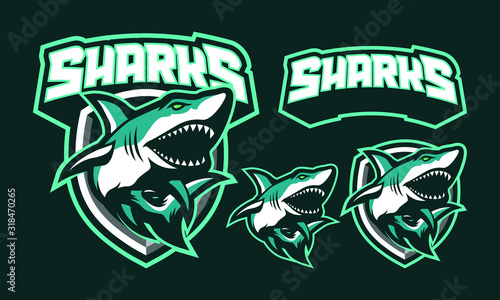 Fotografie, Obraz Sharks mascot logo design for sport or e-sport logo isolated on dark background