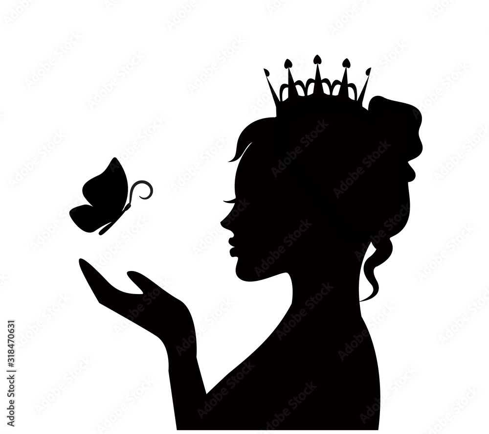 silhouette of a cute beautiful princess with a butterfly on the palm - obrazy, fototapety, plakaty 
