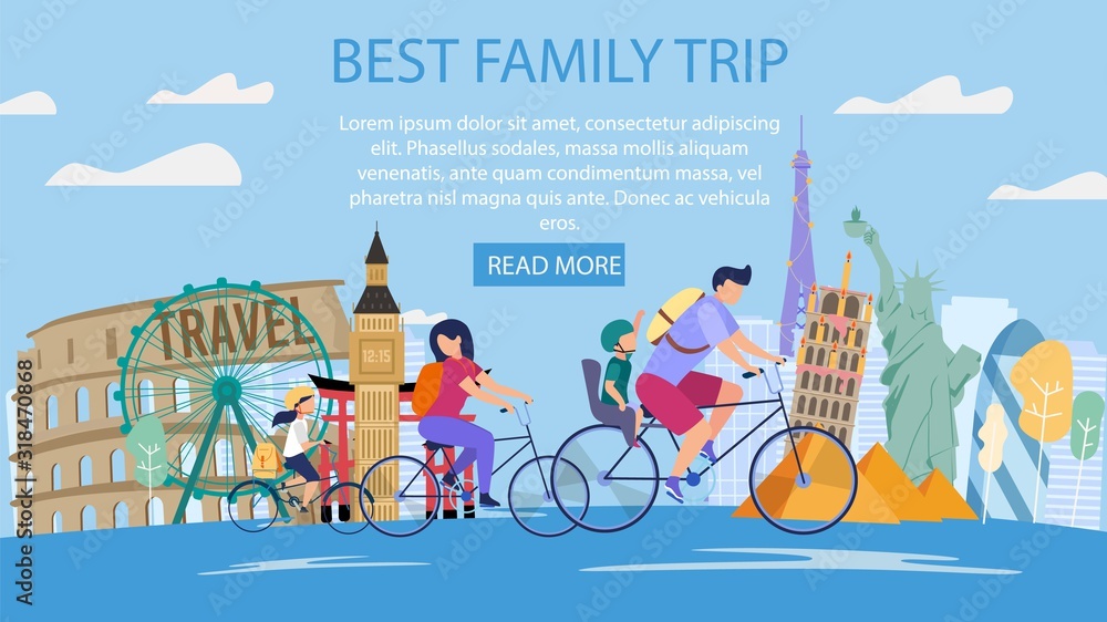 Naklejka premium Travel Agency Tours for Parents with Kids, Family Vacation Trip Trendy Flat Vector Web Banner, Landing Page. Happy Father and Mother with Children Riding Bicycles near Famous Attractions Illustration