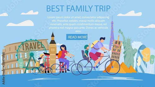 Travel Agency Tours for Parents with Kids, Family Vacation Trip Trendy Flat Vector Web Banner, Landing Page. Happy Father and Mother with Children Riding Bicycles near Famous Attractions Illustration