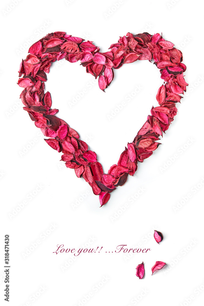 Flower petals heart on white background. Love concept